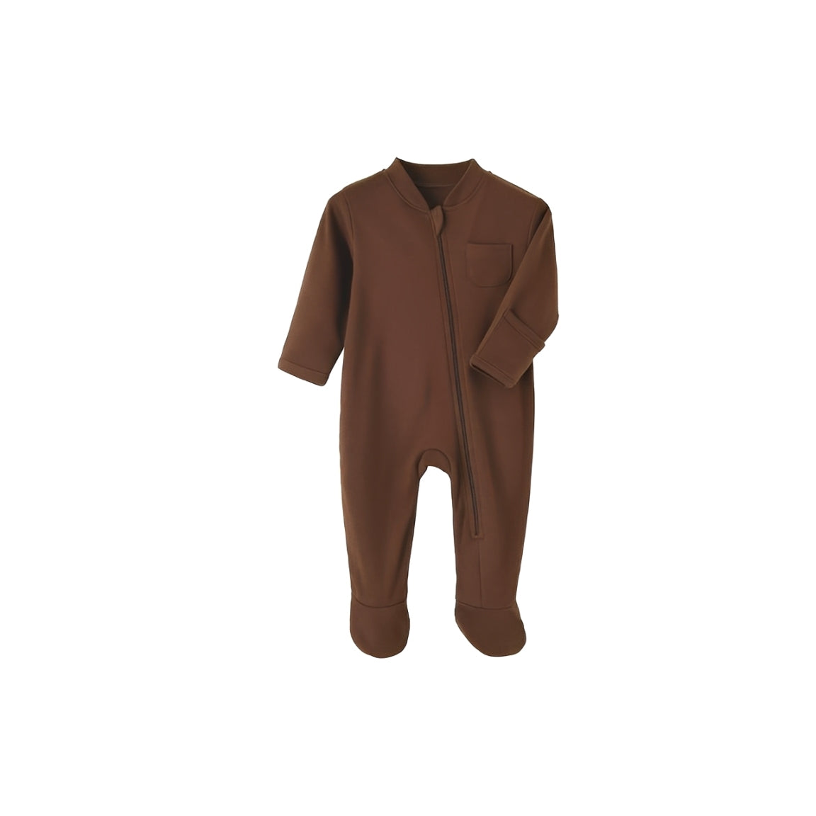 Brown long sleeve cotton baby romper with front zipper and covered feet.