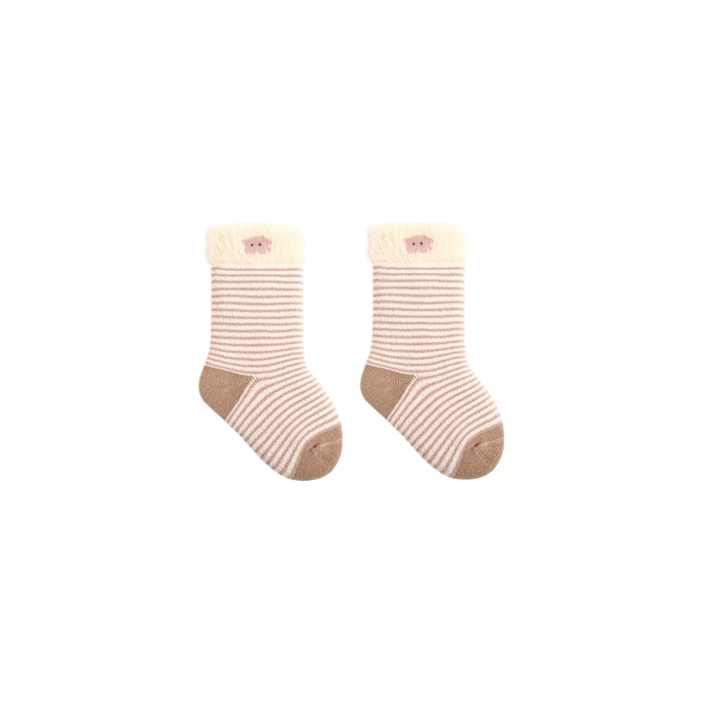 Brown striped baby socks with bear motif – warm cotton blend for baby boys and girls