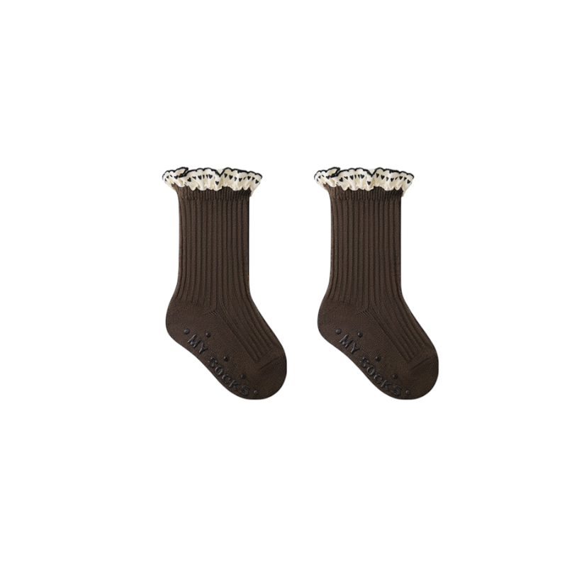 Brown cotton toddler socks with frill trim and ribbed texture