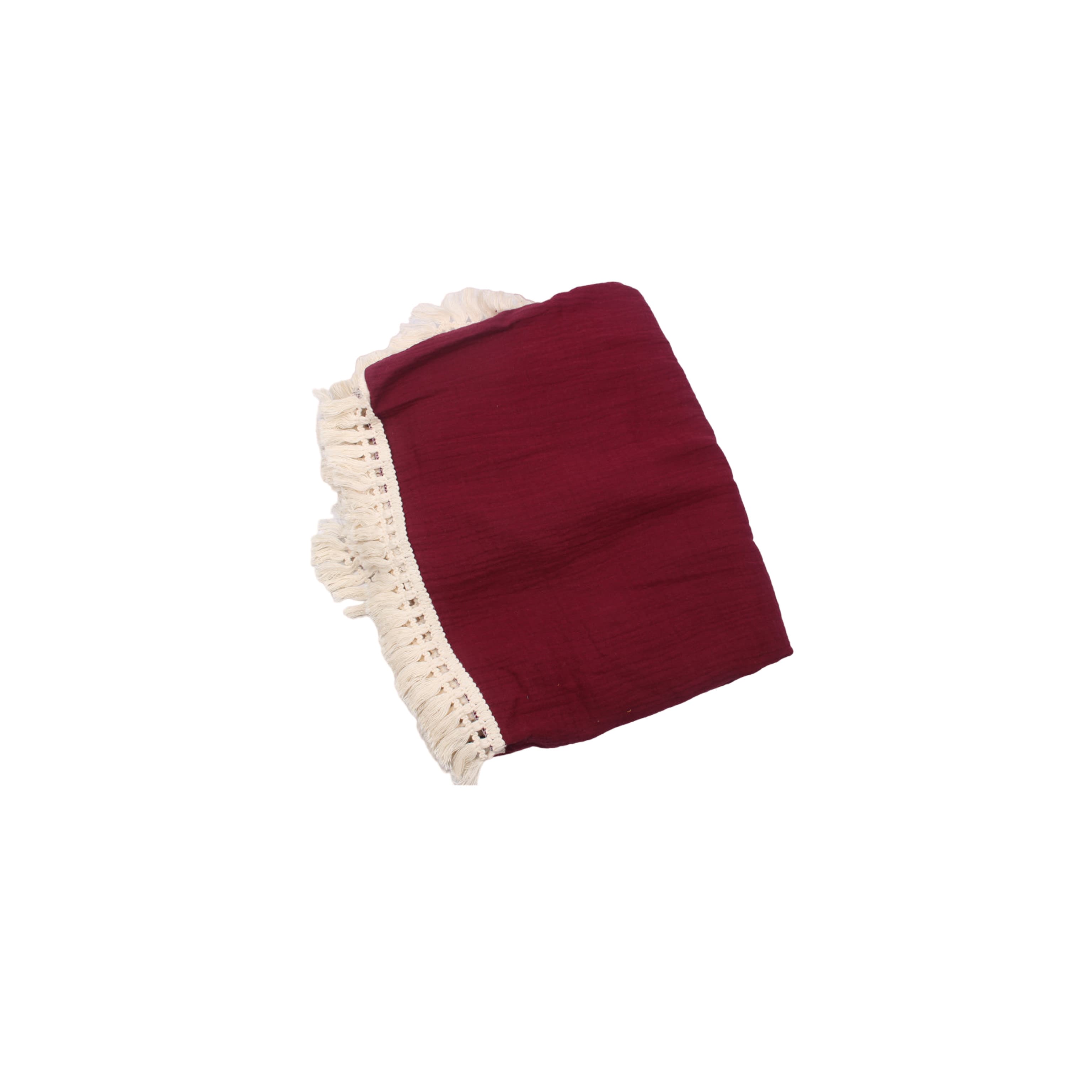 Burgundy cotton baby blanket with tassel trim, soft breathable newborn blanket for nursery, cot and stroller use.