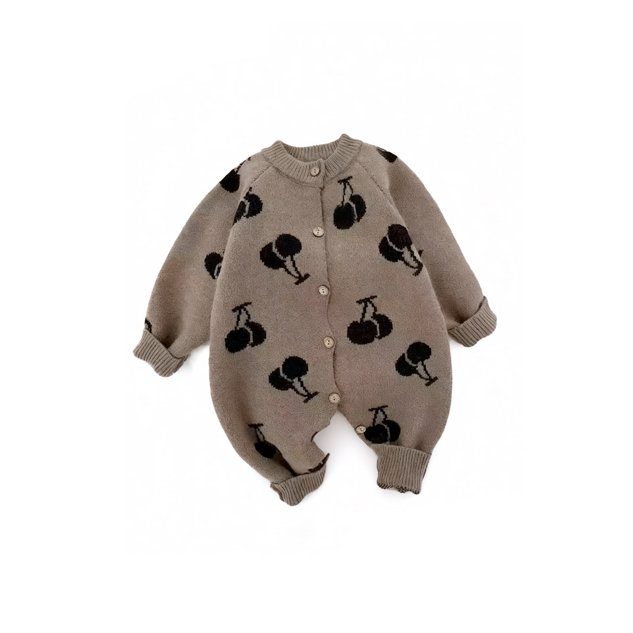 Front view of baby knit cherry romper with button closure and soft cotton fabric.