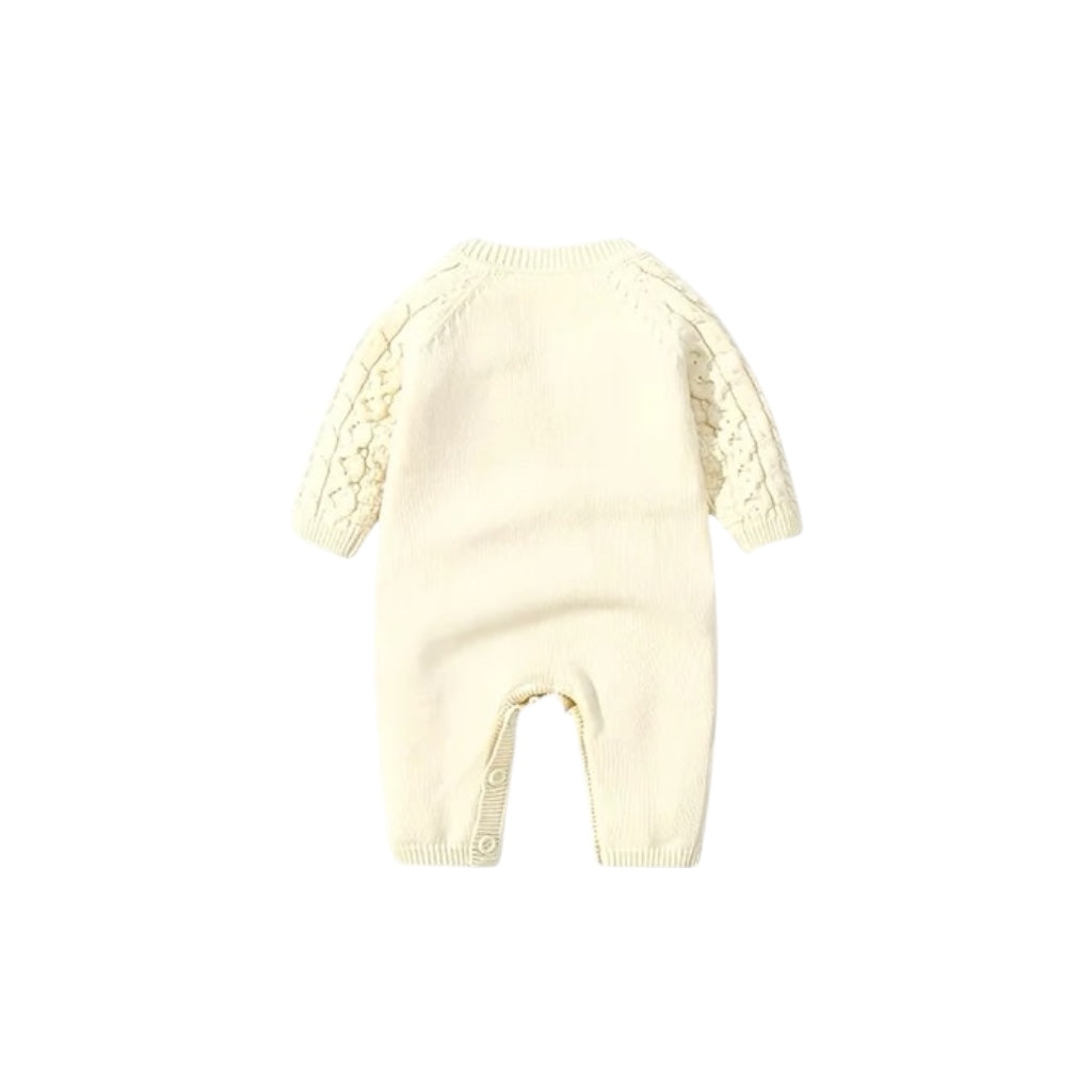 Cream cable knit baby romper back view, soft cotton long sleeve baby jumpsuit with hat, warm newborn baby outfit for autumn winter