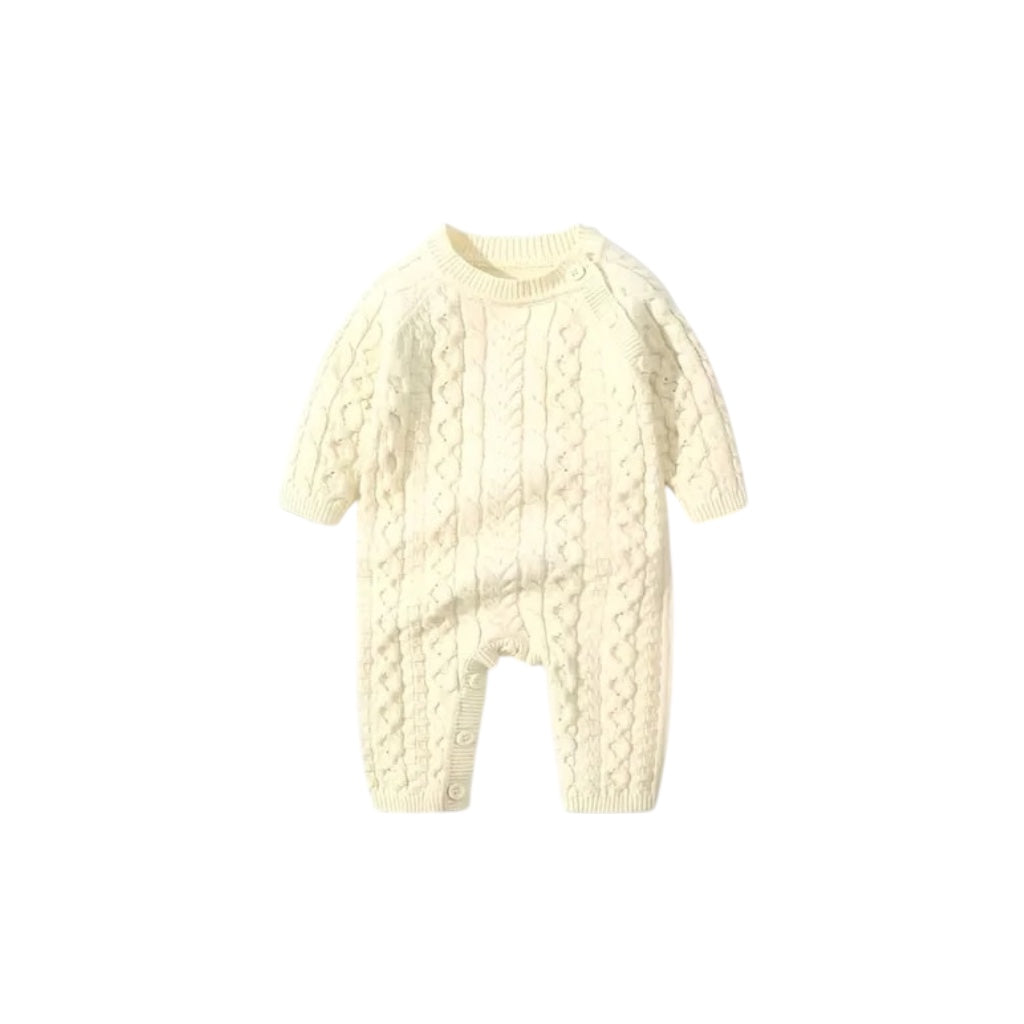 Baby cable knit romper front view with textured knit pattern and button fastening