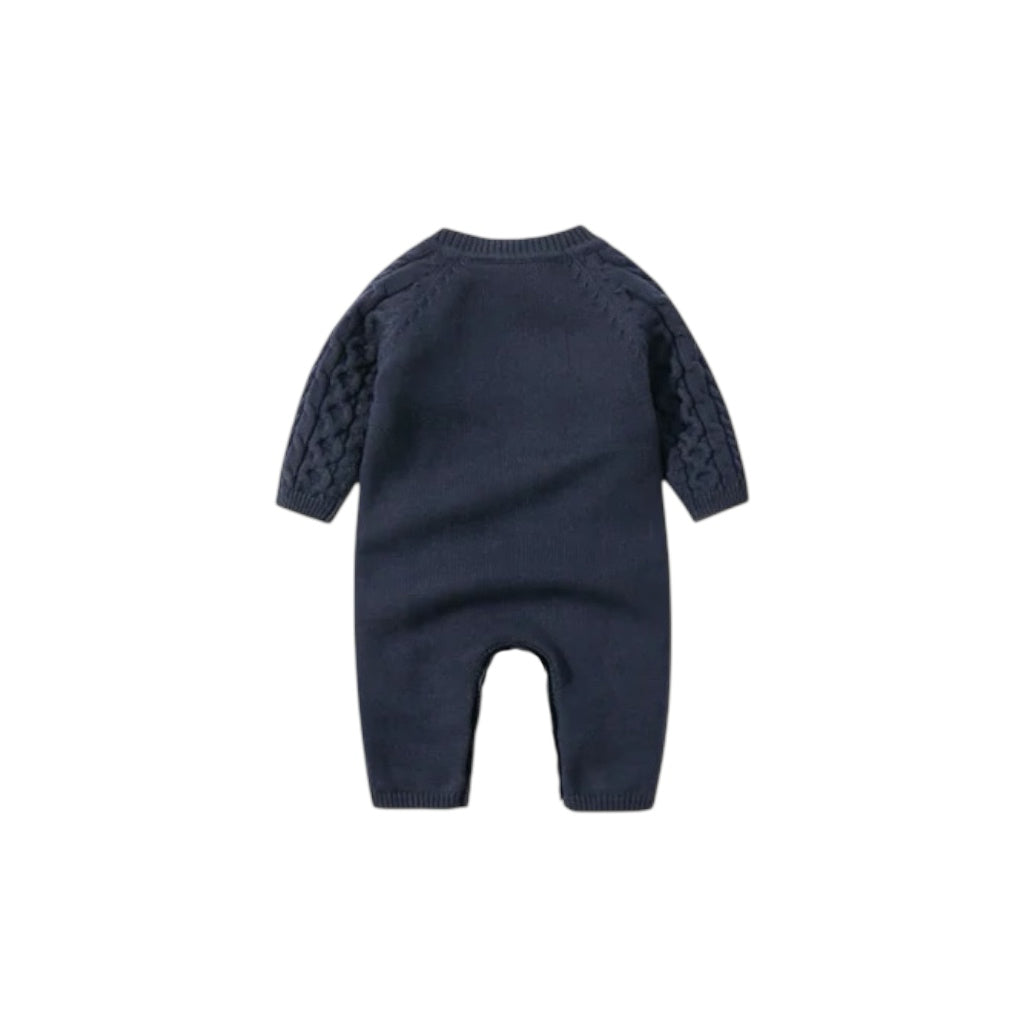 Baby cable knit romper back view with long sleeves and ribbed trim
