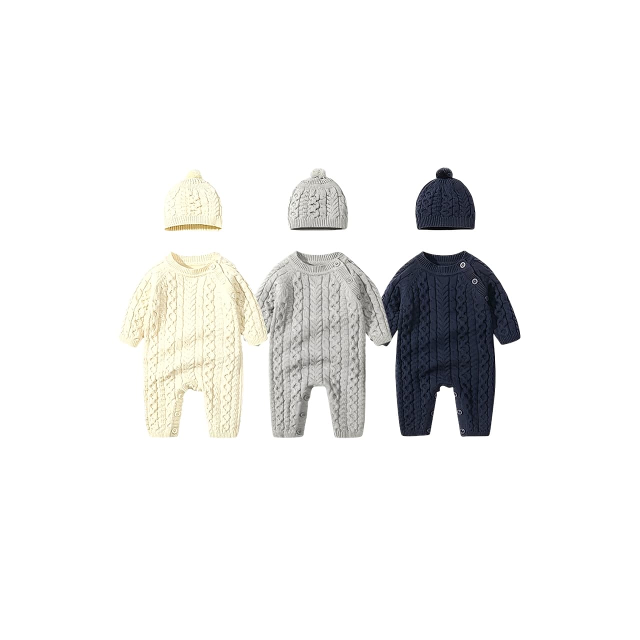 Cable knit baby rompers in ivory, gray, and navy blue with matching hats, perfect for winter comfort.