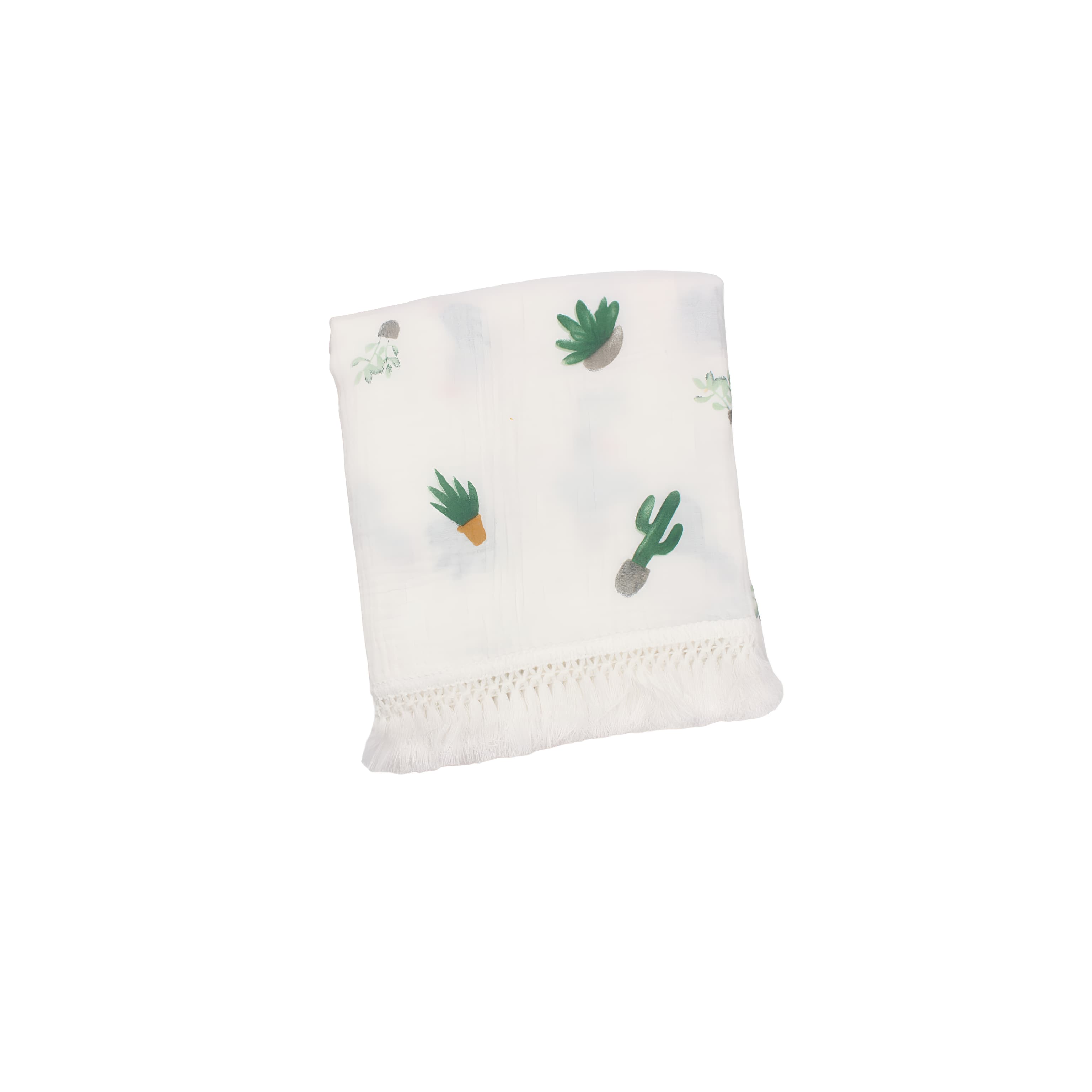 Cactus cotton baby blanket with tassel trim, soft breathable newborn blanket for cot, stroller and nursery use.