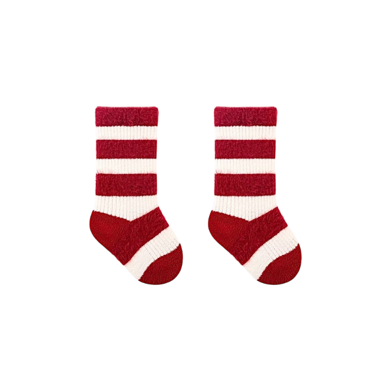 Pair of red and white striped baby socks inspired by Christmas candy cane design.
