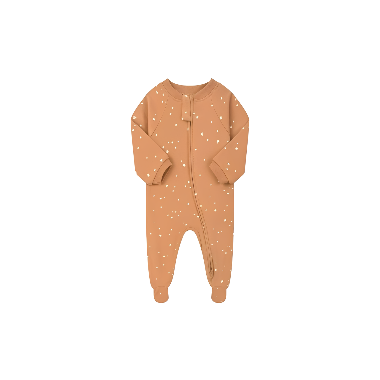 caramel brown baby romper with tiny white star pattern