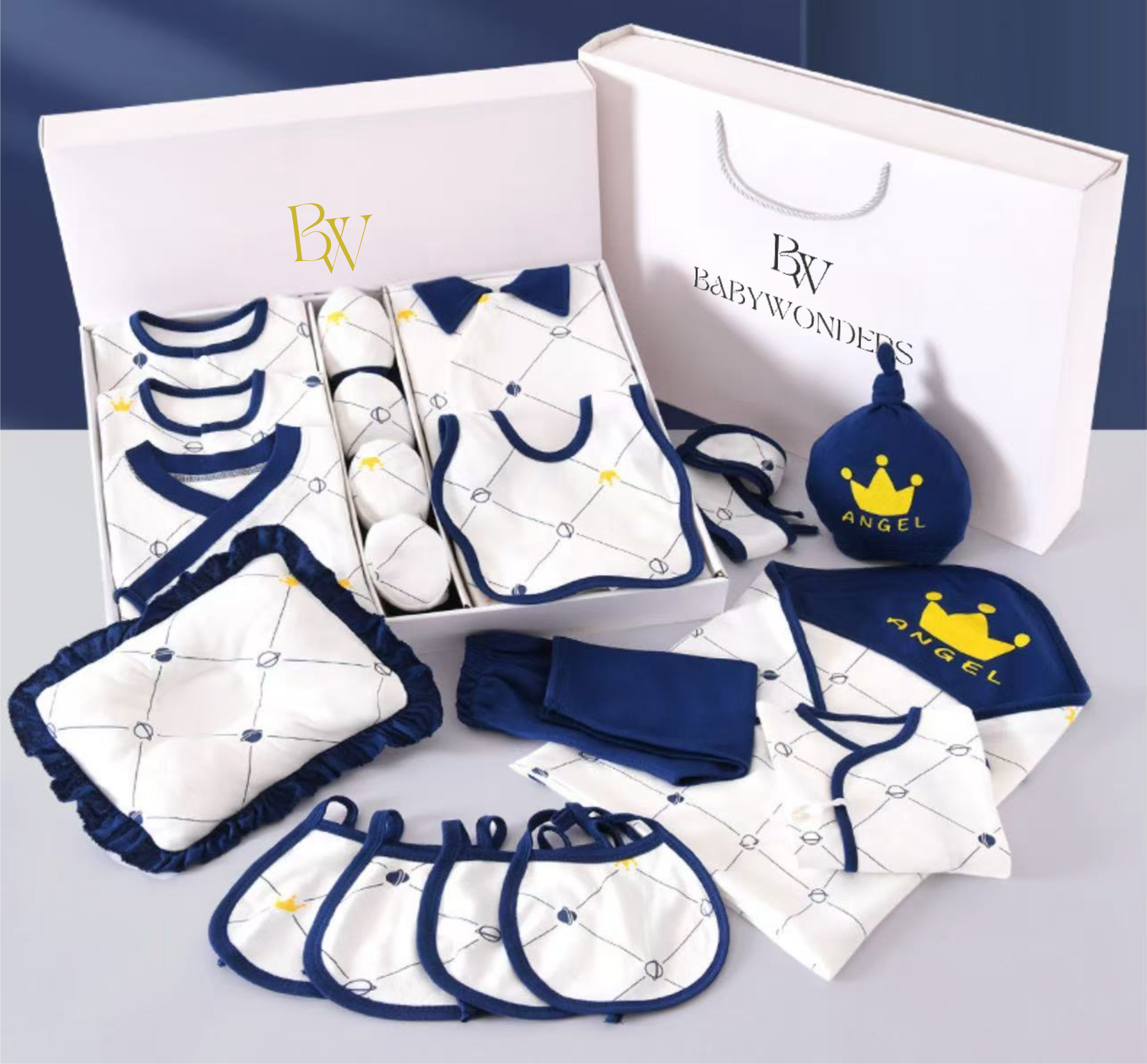 Luxury BabyWonders newborn baby boy gift set in blue and white, including babywear, bibs, hat, mittens, and soft accessories, beautifully packaged for baby showers and newborn gifting.