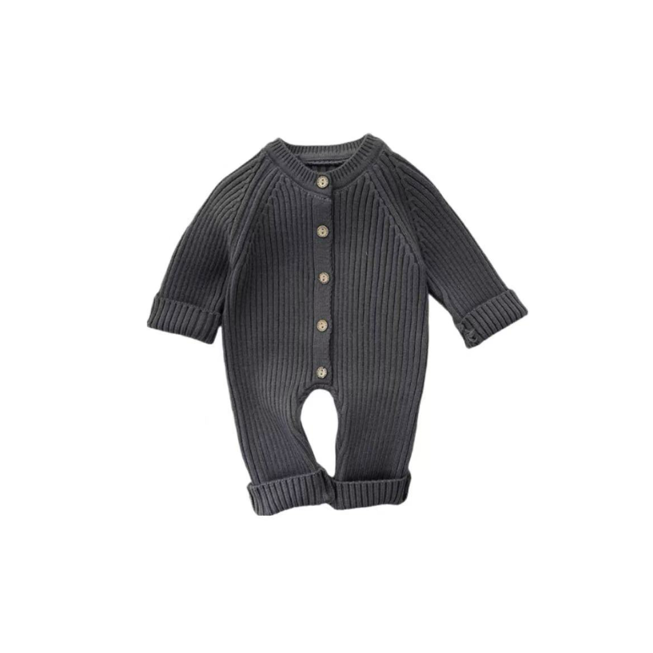 Charcoal gray ribbed knit baby romper with wooden buttons, warm and cozy long-sleeve design