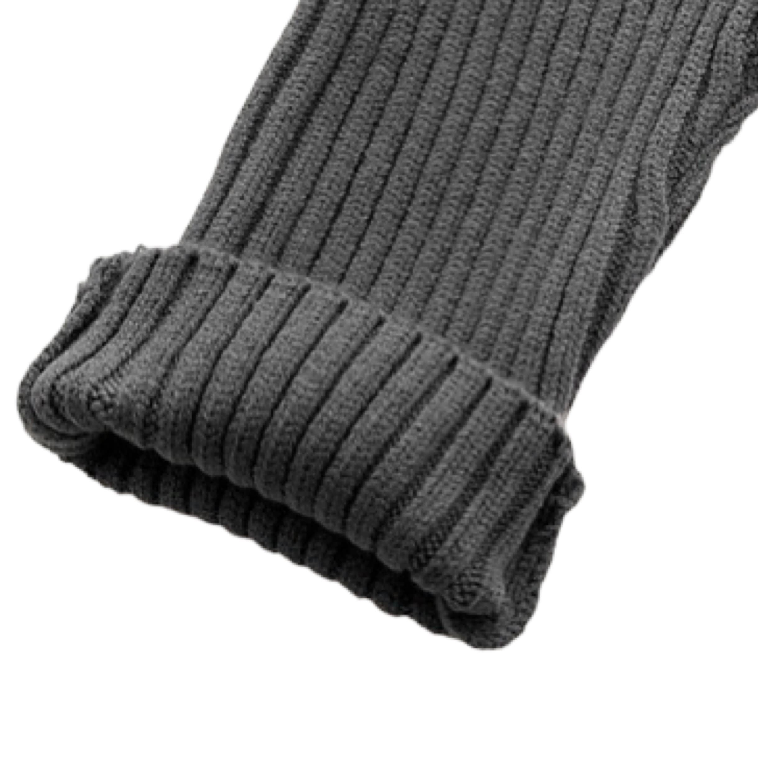 Close-up of ribbed sleeve cuff on charcoal knit baby romper, thick soft fabric for winter warmth