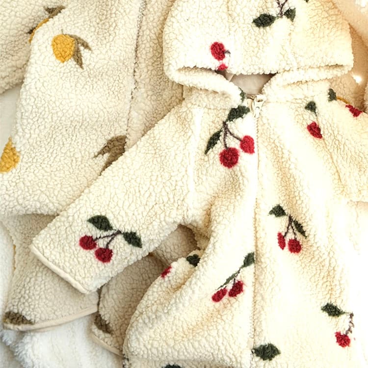 Soft fleece baby jumpsuits with cherry and lemon patterns, warm hooded romper set for winter