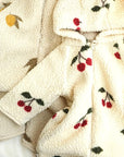 Soft fleece baby jumpsuits with cherry and lemon patterns, warm hooded romper set for winter
