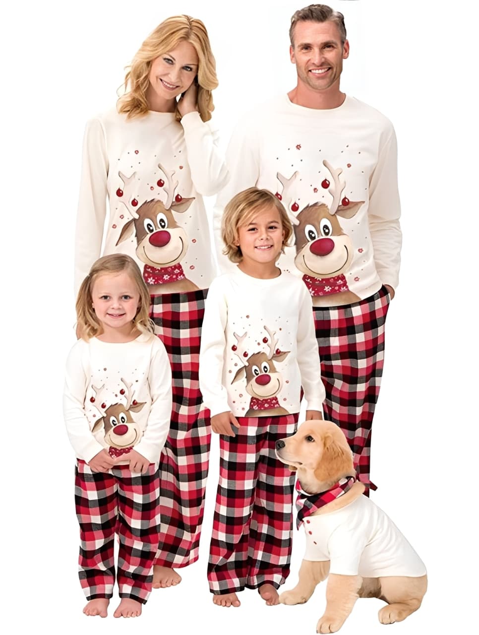Family matching Christmas pajamas with reindeer print tops and red plaid pants, holiday PJs for parents, kids, and dog