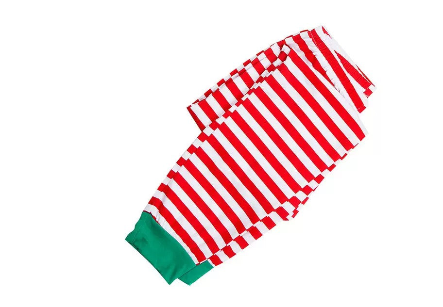 Red and white striped Christmas pajama pants with green cuffs, festive sleepwear bottoms