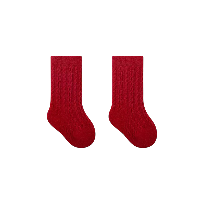 Classic cable knit baby socks in crimson red, soft cotton blend, warm winter socks for babies and toddlers
