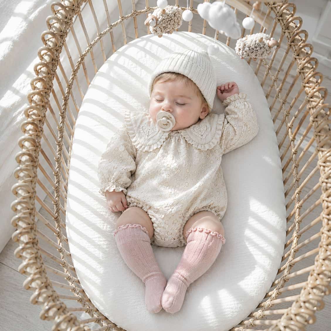 Baby wearing classic ribbed long baby socks in soft cotton knee-high style with cosy neutral nursery outfit and natural sunlight setting