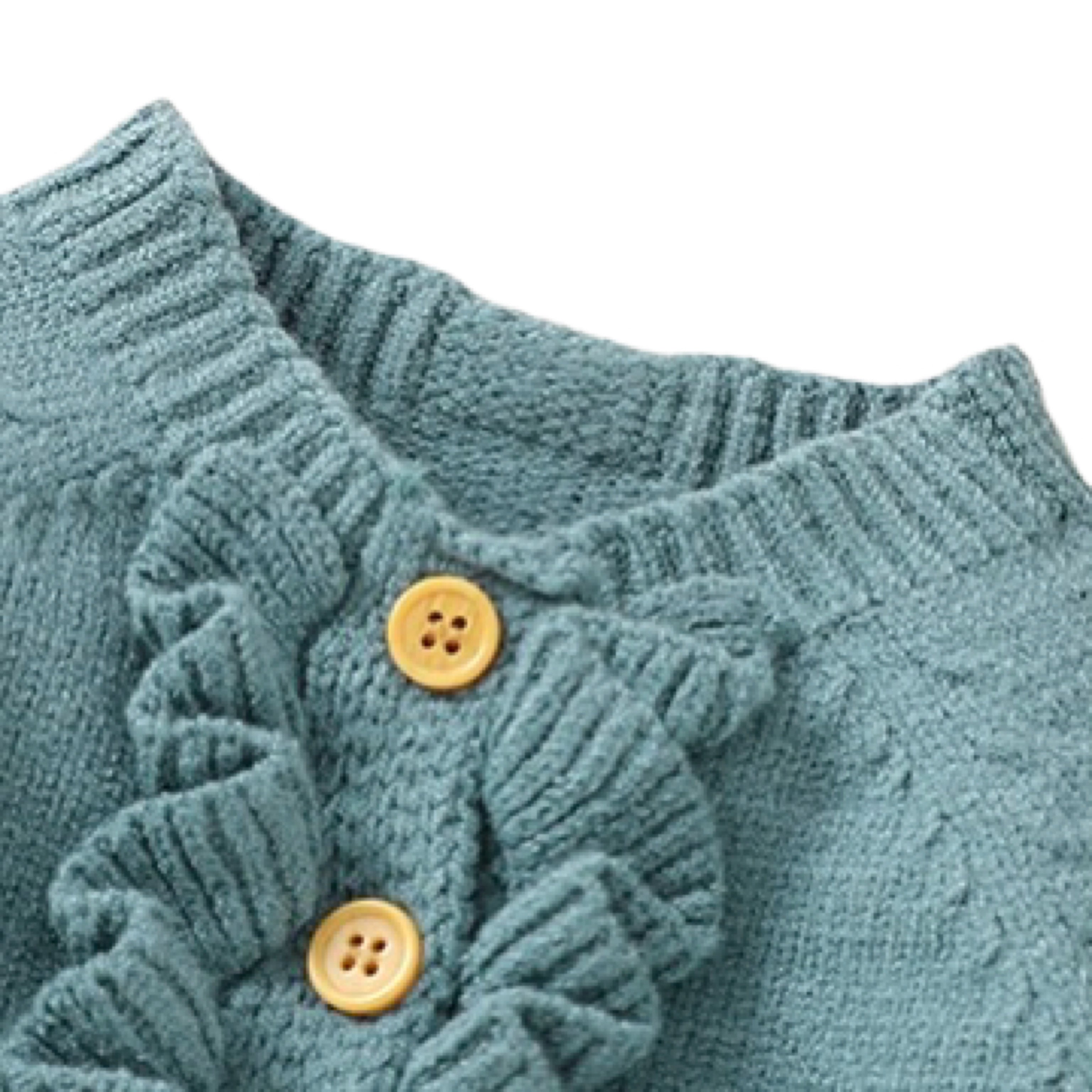 Close-up of ribbed neckline and wooden button details on blue-green knitted baby romper showing fine craftsmanship.