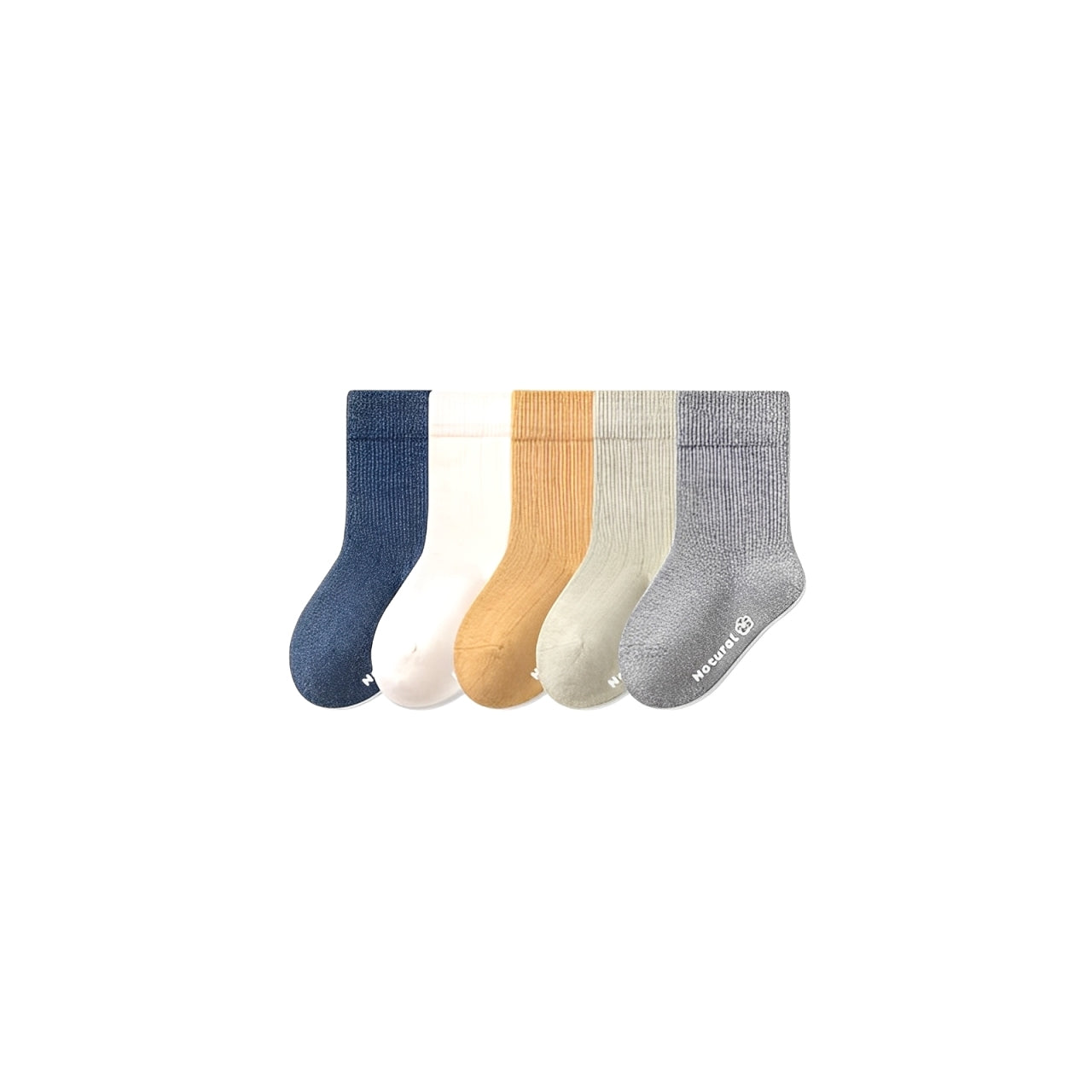 Five pairs of cool neutral cotton socks for children in navy, mustard, sage, and gray — durable and breathable everyday wear.
