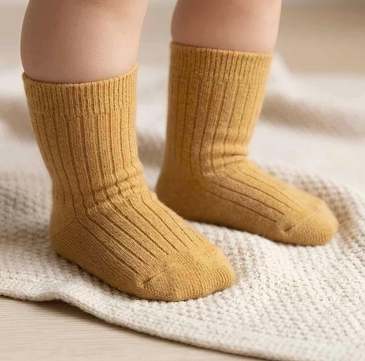 Baby wearing mustard cotton socks on feet, soft breathable fabric
