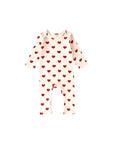 Cream cotton baby romper with red heart pattern, long sleeves, soft ribbed texture, perfect for spring or fall wear.

