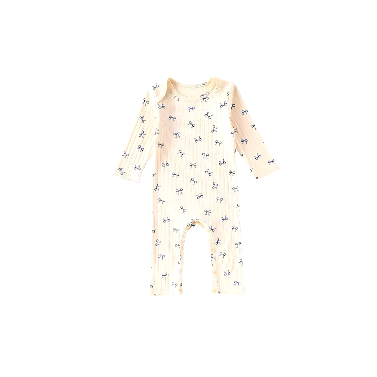 Apricot cotton baby romper with blue bow pattern, long-sleeve unisex design, soft ribbed fabric for spring and autumn.