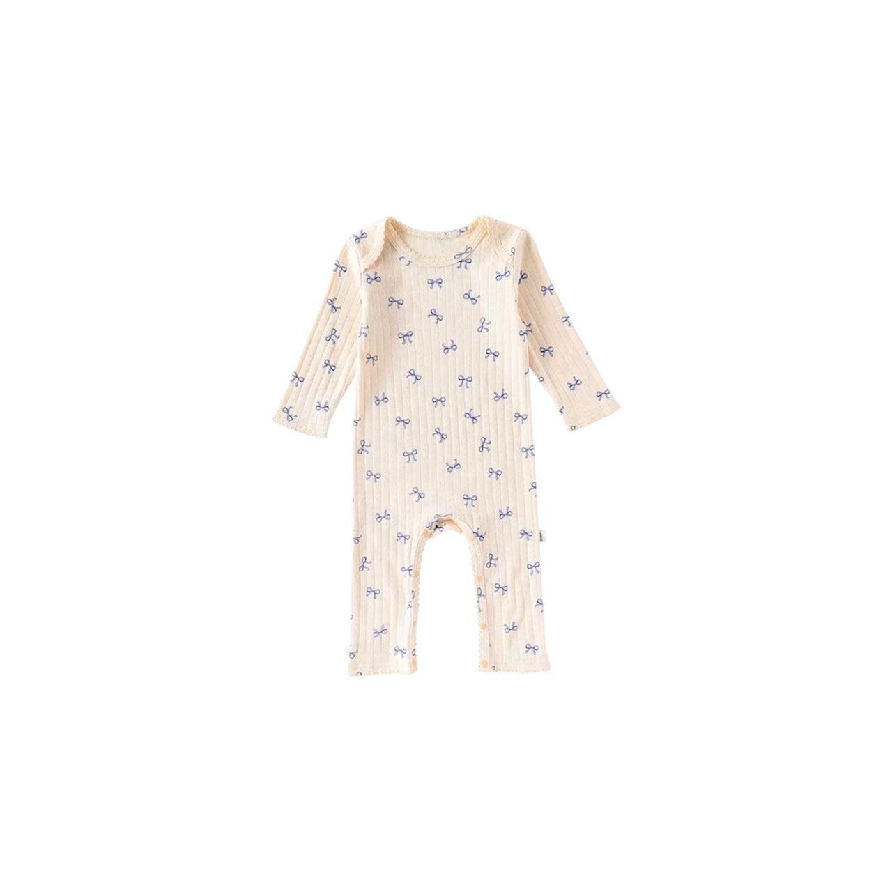 Apricot cotton baby romper with blue bow pattern, long-sleeve unisex design, soft ribbed fabric for spring and autumn.