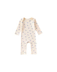 Apricot cotton baby romper with blue bow pattern, long-sleeve unisex design, soft ribbed fabric for spring and autumn.