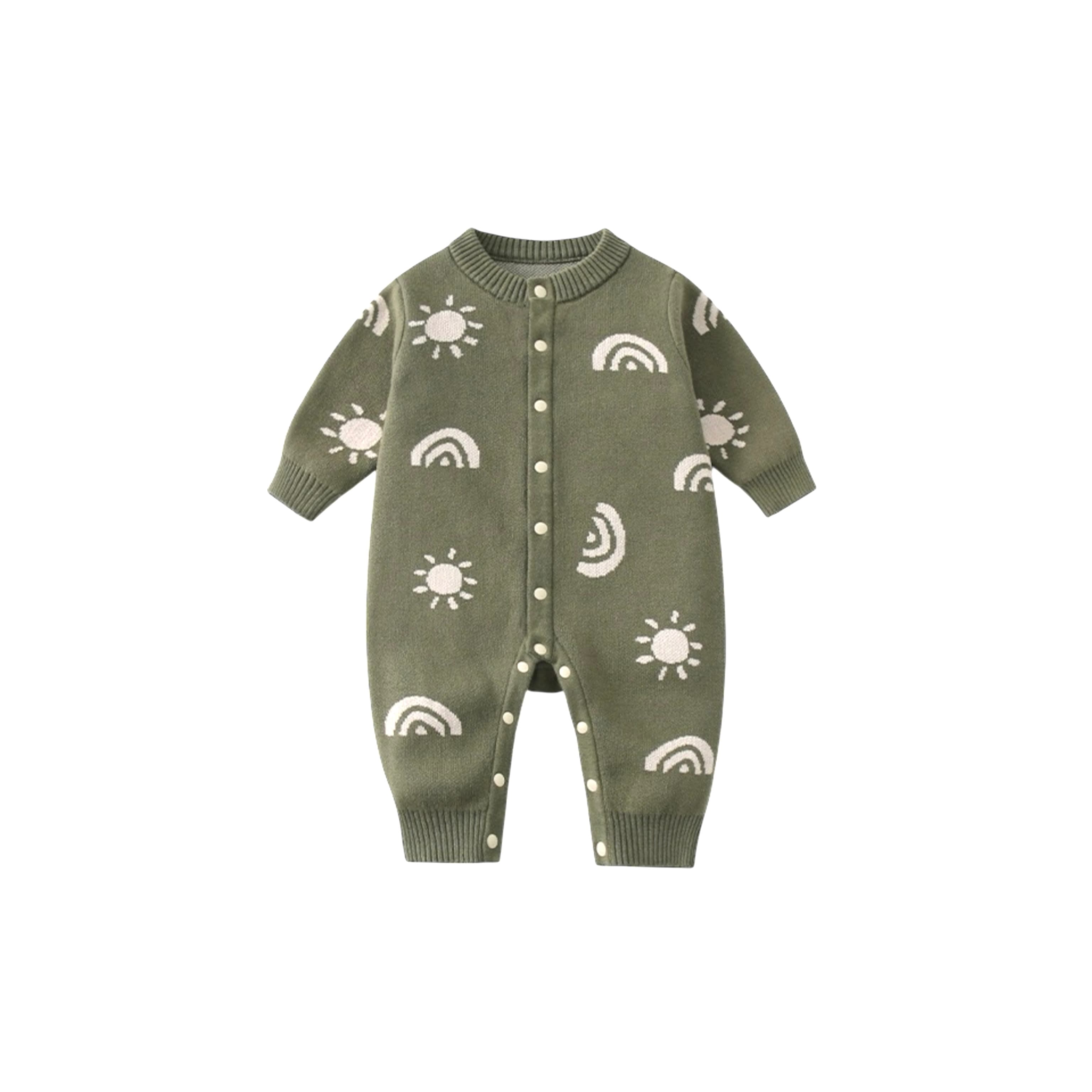 Back view of army green knitted baby romper with white sun and rainbow design, cozy and unisex for newborns 0–12 months.
