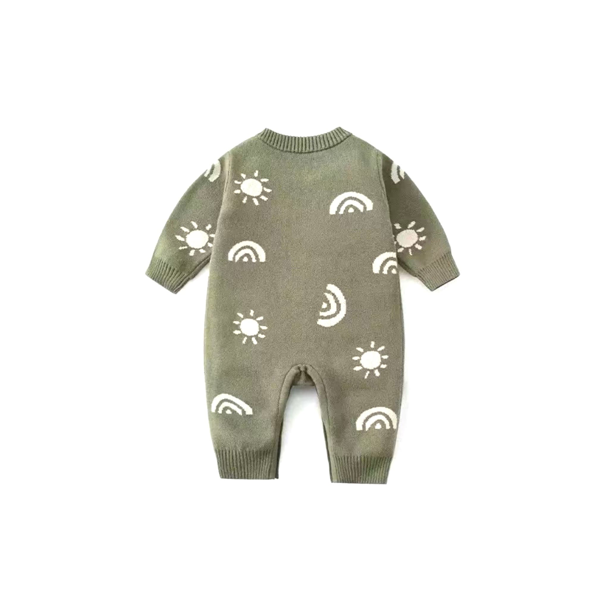 Front view of cotton knitted baby romper in army green with sun and rainbow pattern – soft breathable baby jumpsuit for spring and autumn.