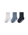 3 pairs of breathable cotton baby socks in blue shades for boys and girls