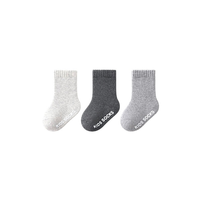 3 pairs of warm cotton toddler socks in neutral grey tones for winter