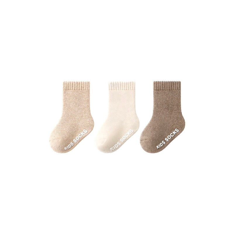 3 pairs of soft cotton baby socks in beige oat colors for everyday wear