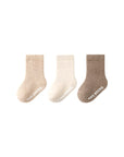 3 pairs of soft cotton baby socks in beige oat colors for everyday wear