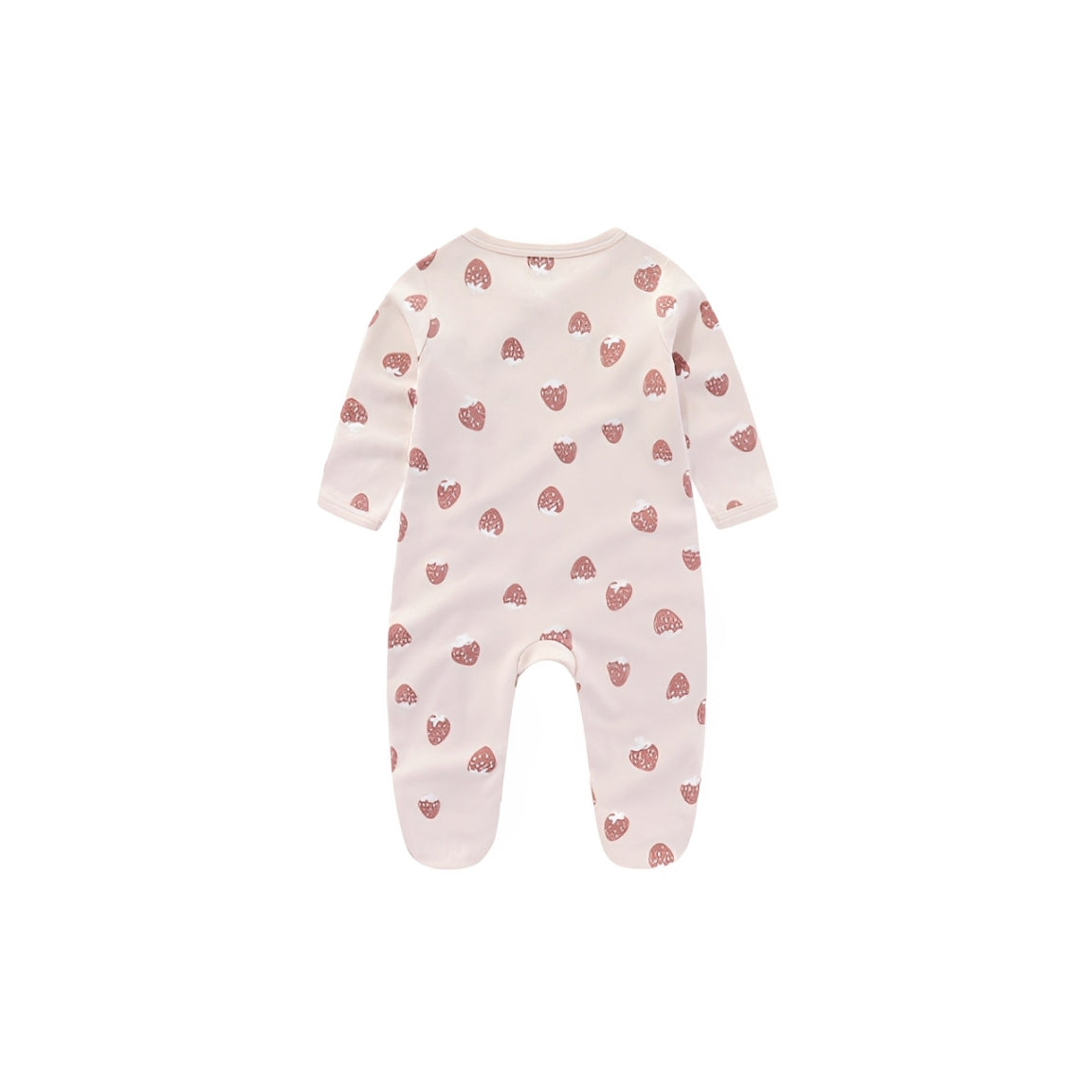 Cream baby sleepsuit with strawberry print back view in soft cotton fabric
