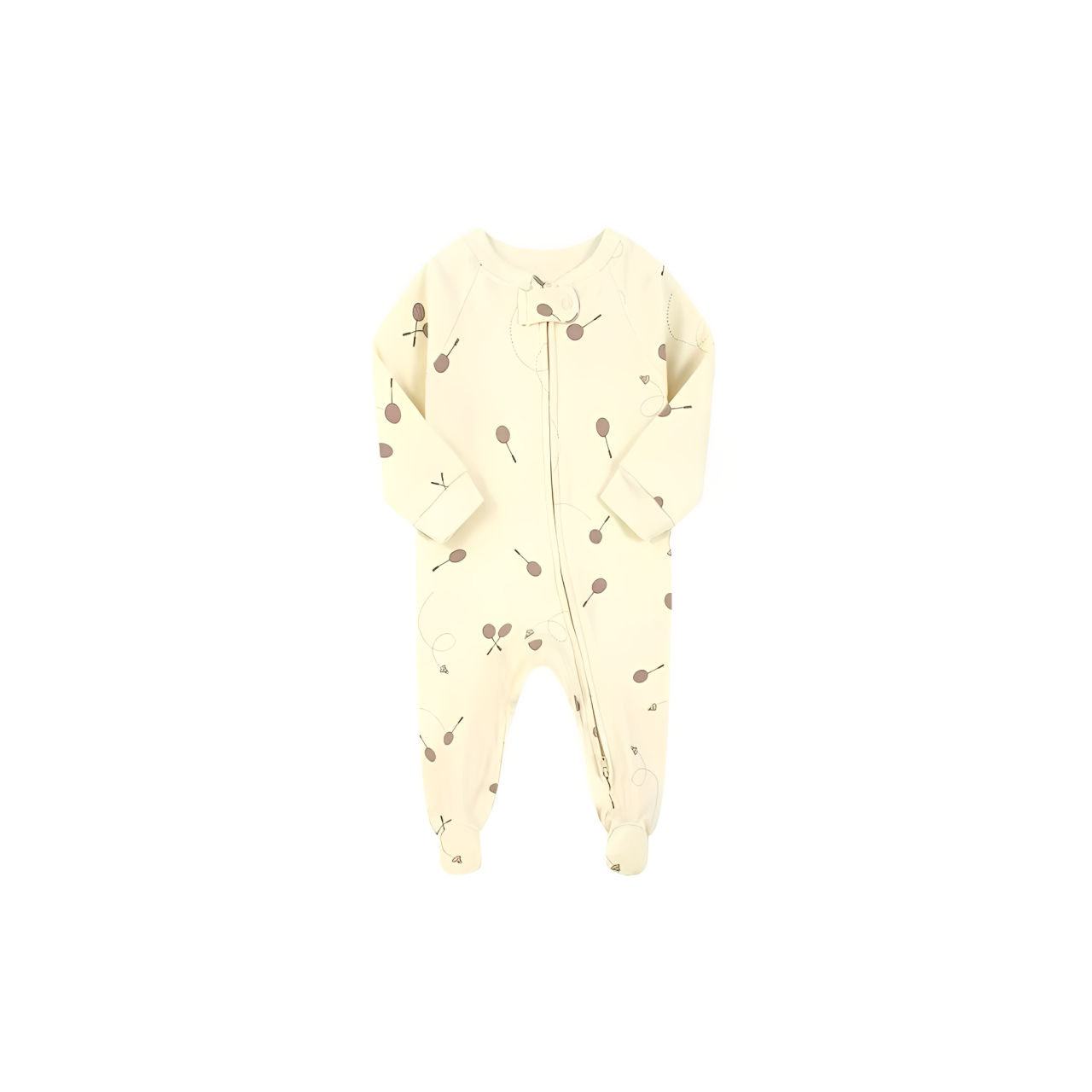 cream baby romper with brown balloon pattern and zipper