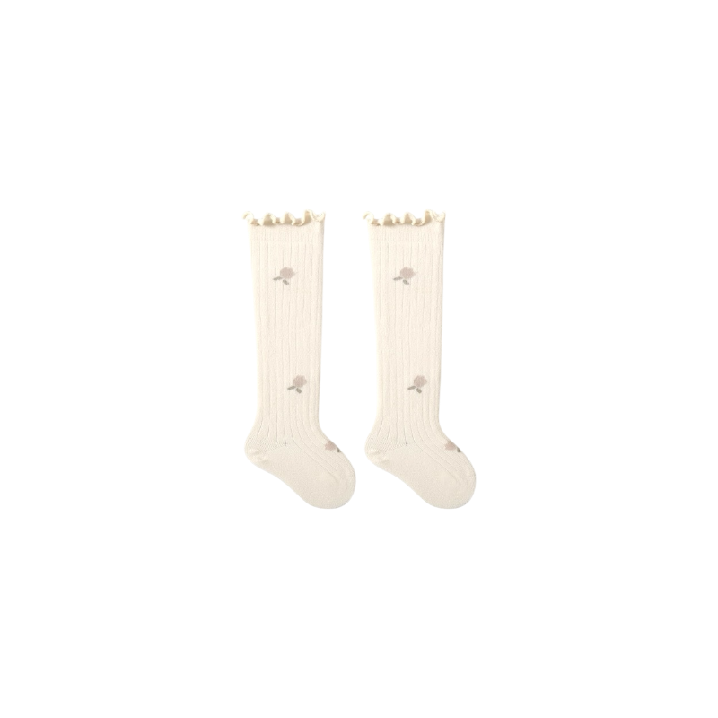 cream knee-high baby socks – stretch cotton scalloped socks for toddlers
