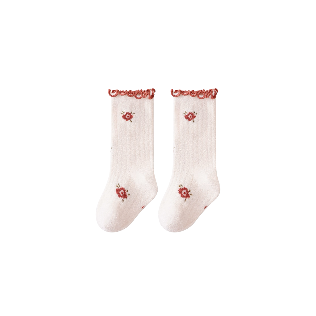 Cream ribbed cotton baby socks with daisy embroidery and lettuce-edge cuff