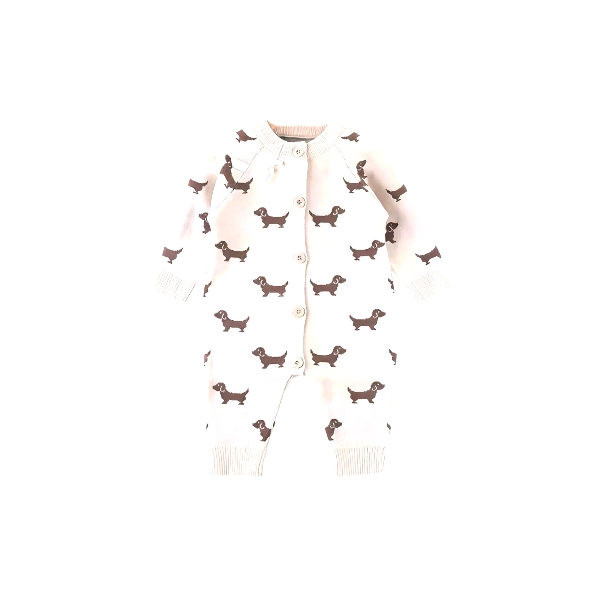 Cream knitted baby romper with brown dog design and ribbed cuffs