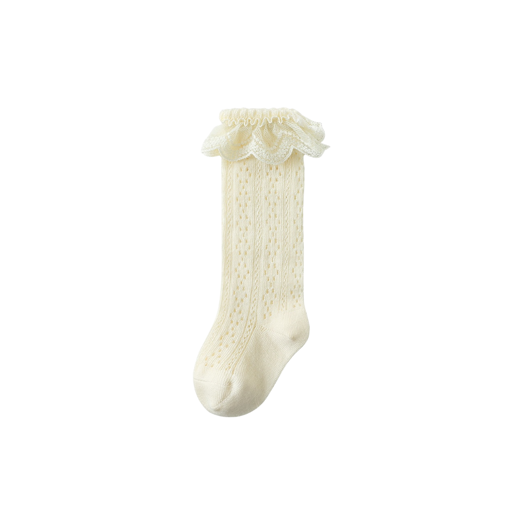 Cream-colored lace knit baby socks crafted from soft cotton – lightweight, breathable, and ideal for spring and summer.