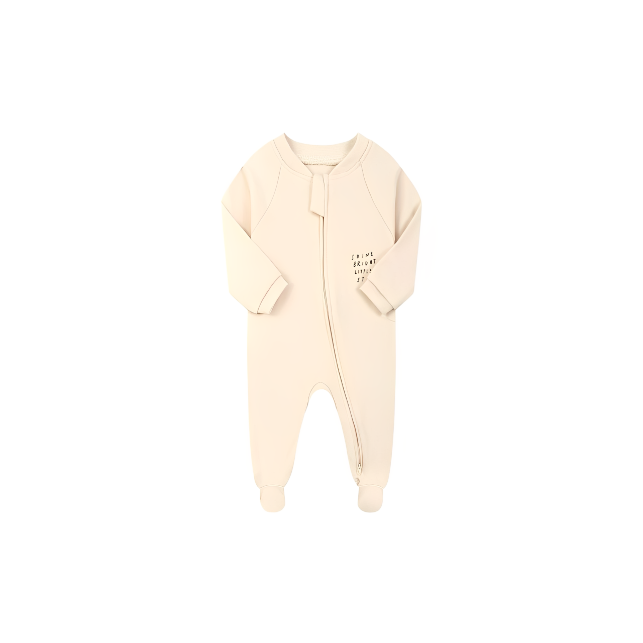 cream cotton baby onesie with minimalist text embroidery and zipper front
