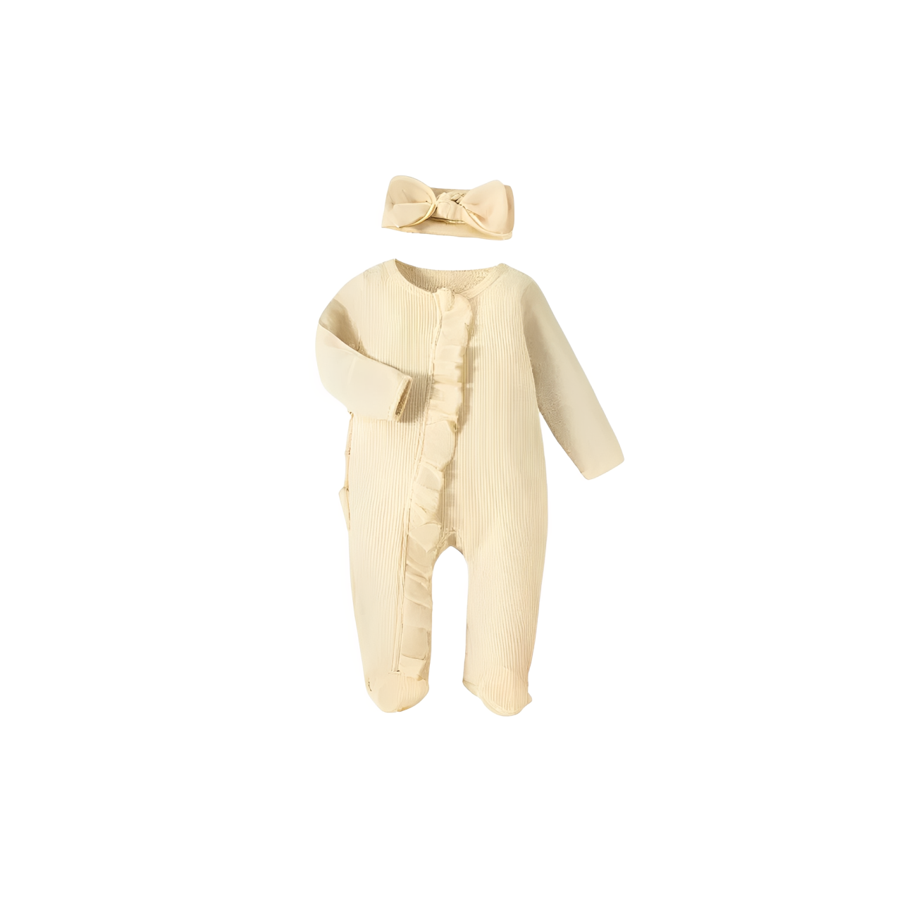Cream-colored baby romper with ruffle front and matching headband, gentle cotton fabric