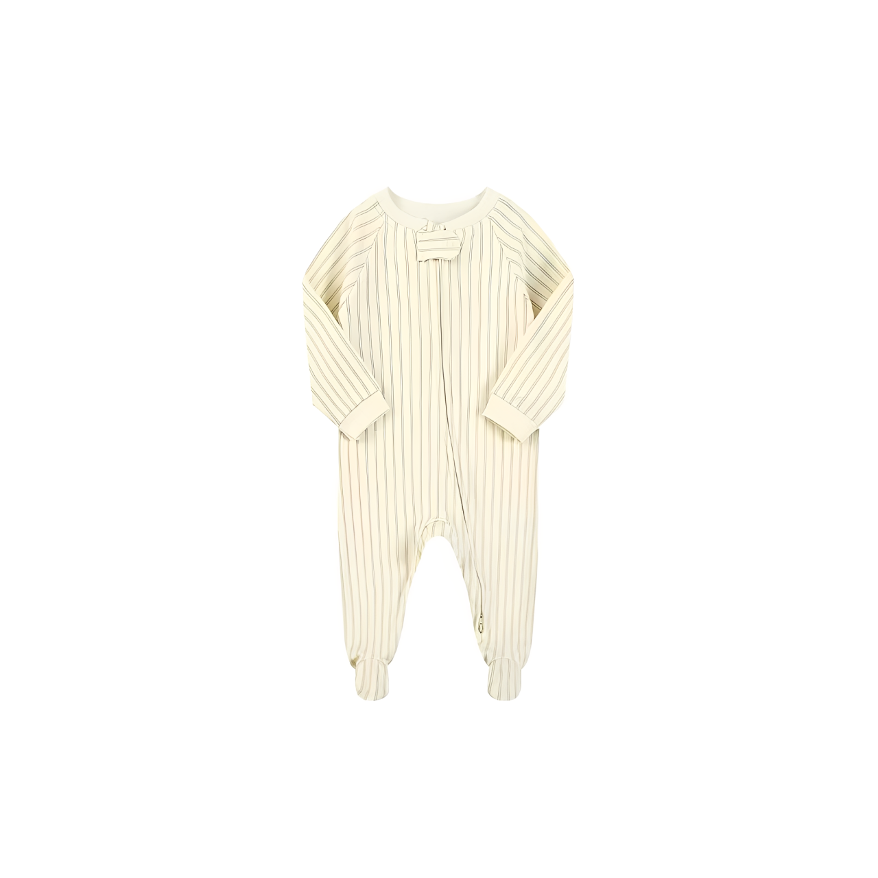 cream baby sleeper with subtle vertical beige stripes
