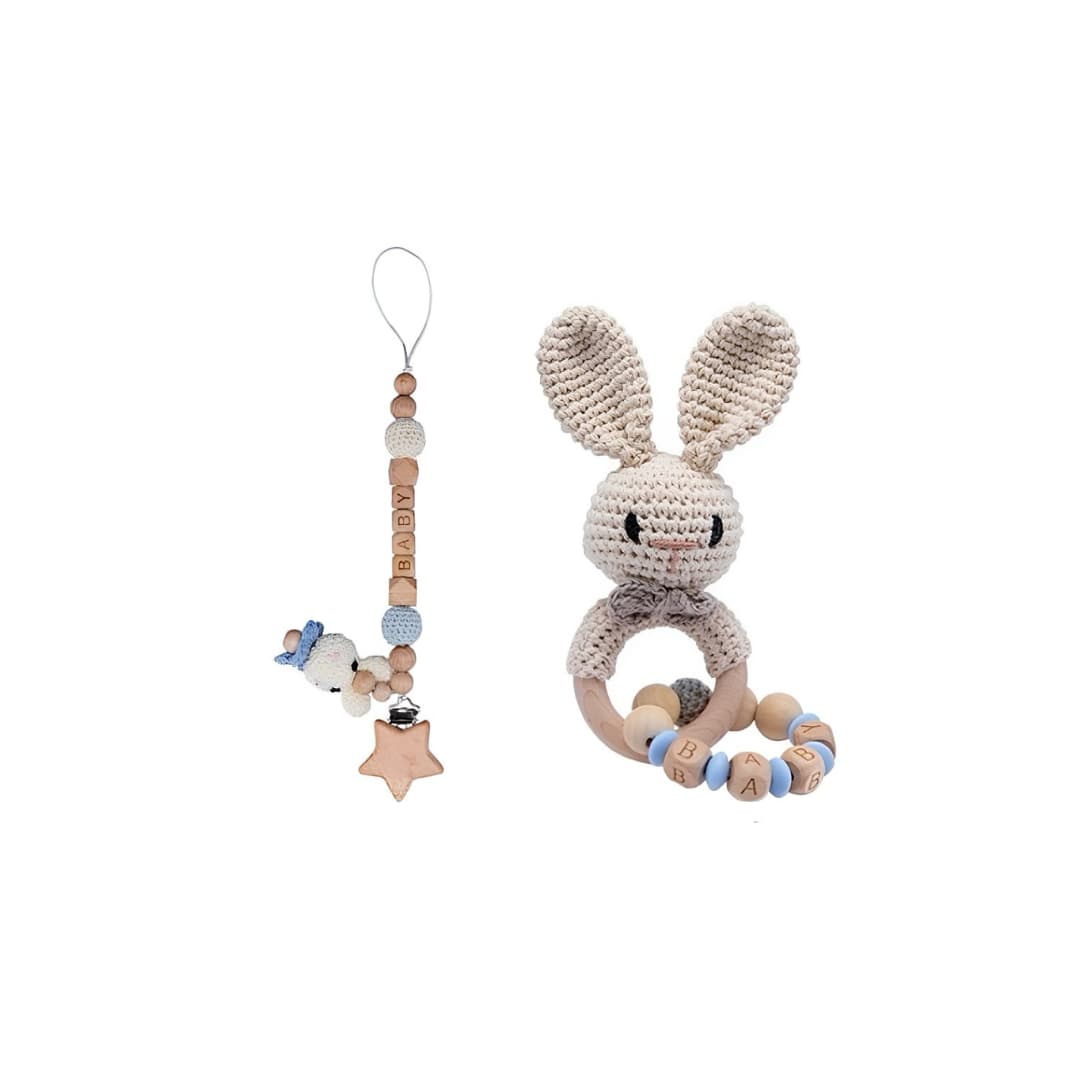 Handcrafted crochet blue bunny rattle and dummy clip set with natural wooden beads, a thoughtful newborn baby gift and baby shower gift for little boys.