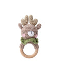 Crochet deer teether with a wooden teething ring on a neutral background, a thoughtful newborn gift and baby shower gift in the UK.