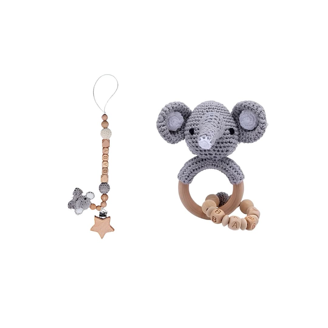 Handcrafted crochet elephant rattle and dummy clip set with natural wooden beads, a thoughtful newborn baby gift and baby shower gift for babies.
