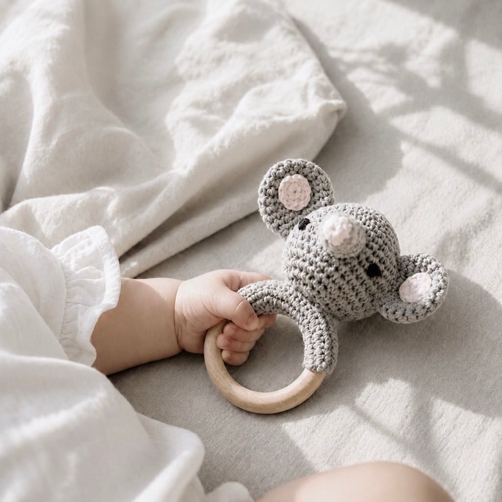 Baby holding a handcrafted crochet elephant wooden ring rattle, ideal for sensory development, teething relief and newborn baby gifts.