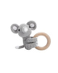 Handcrafted crochet elephant rattle with natural wooden ring, a soft sensory toy for newborn babies and a thoughtful baby shower gift.
