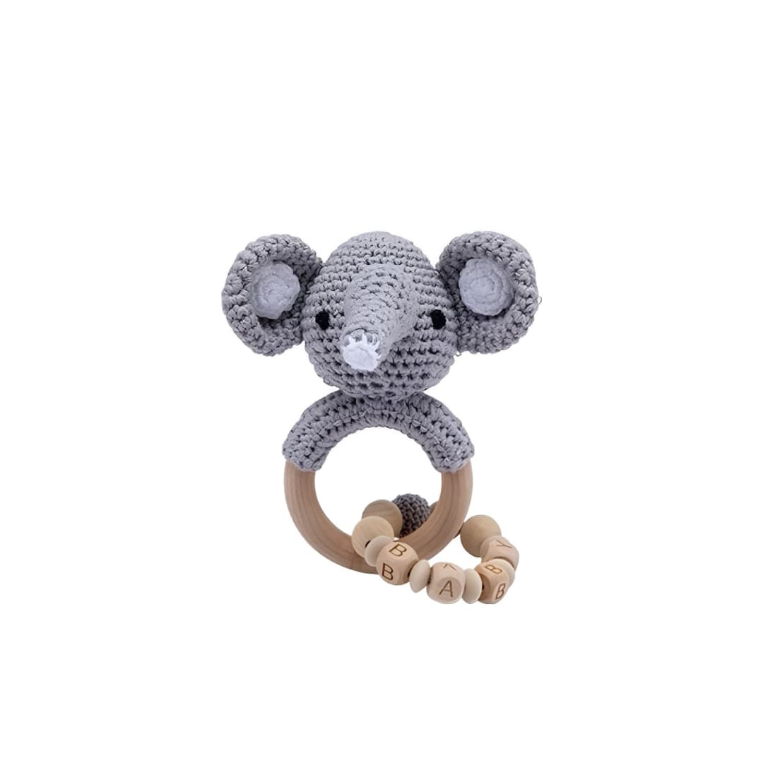 Handmade crochet elephant rattle with chain and natural wooden ring, a sensory newborn baby toy perfect for baby shower gifts, teething support and nursery essentials.