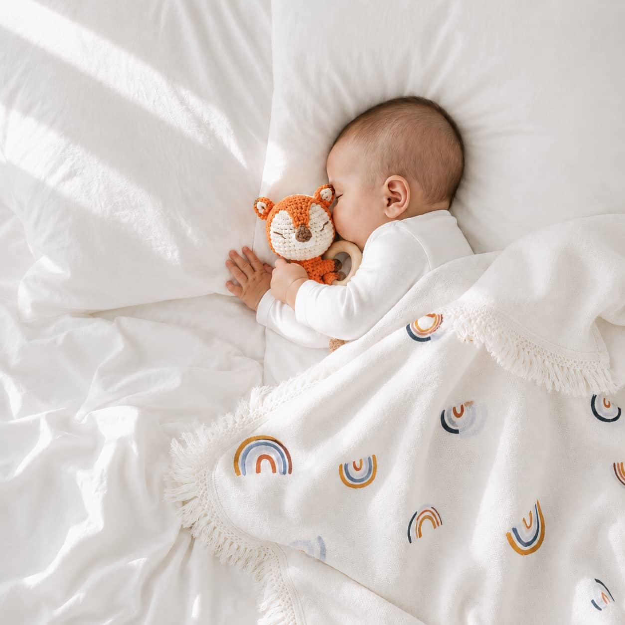 Sleeping newborn baby cuddling a crochet fox rattle under a tassel rainbow blanket, a thoughtful baby shower gift and newborn essential in the UK.
